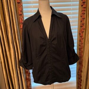 White House Black Market Black hook-front blouse with ruched sleeves